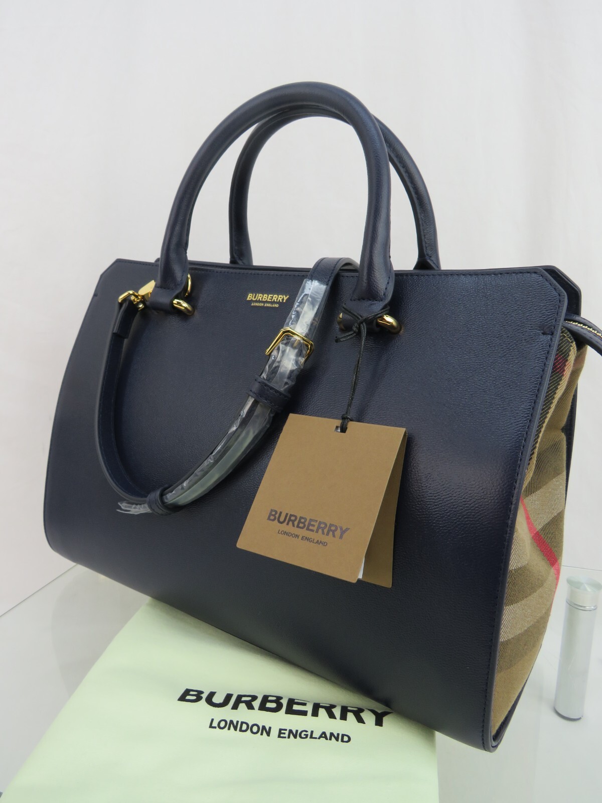 NWT BURBERRY BANWELL DARK BLUE LEATHER CHECK CANVAS SM NWT BURBERRY BANWELL DARK BLUE LEATHER CHECK CANVAS SM