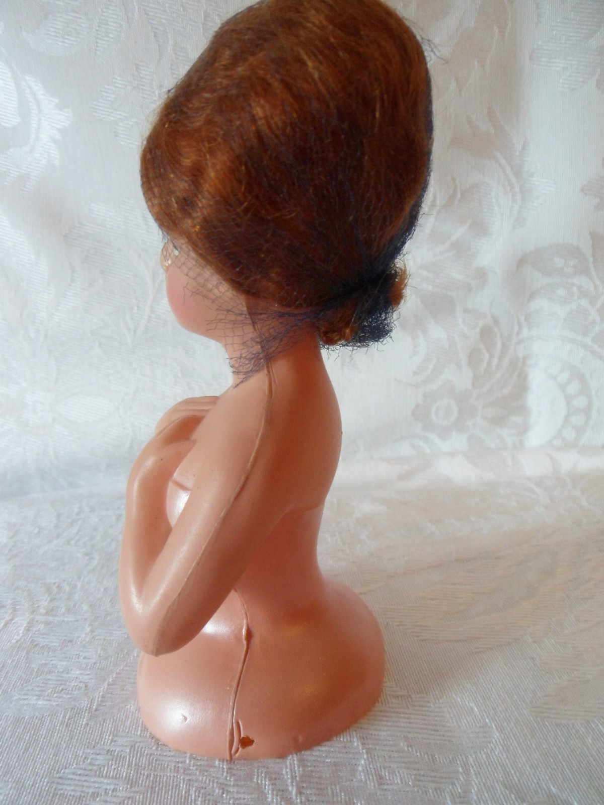 Celluloid Pin Cushion Half Doll Mohair Wig Hair Net Arms Crossed 5.5