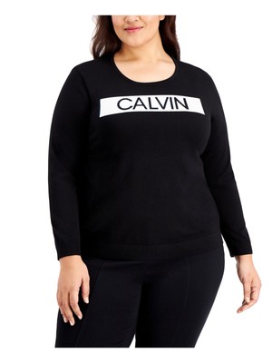 

CALVIN KLEIN Женский черный свитер в рубчик с длинными рукавами и круглым вырезом плюс