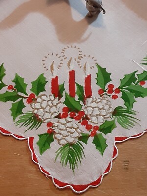 Vgt Christmas Candles Pinecones Holly Cotton Hankie Handkerchief