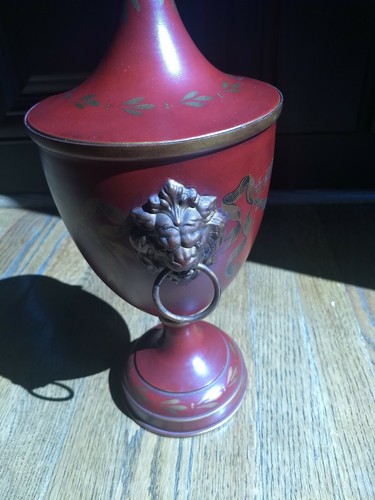 ANTIQUE Vintage Italian Tole Painted RED Shabby Lion's Face Handle Urn