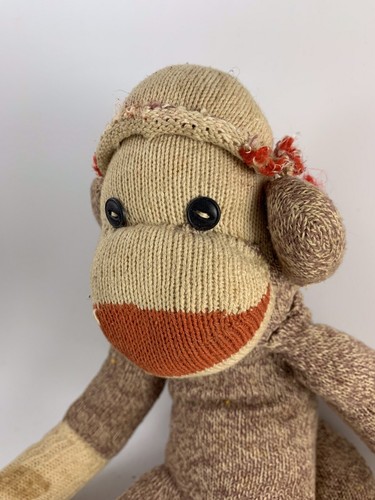 Vintage Brown & Off White Red Heel SOCK MONKEY With Hat & Button Eyes