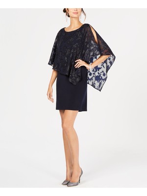 CONNECTED APPAREL Womens Navy Overlay 3/4 Sleeve Short Evening Sheath Dress 12