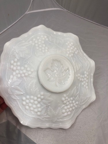 Vintage Imperial White Milk Glass Grapes Leaf Pattern Crimped Low Footed Plate