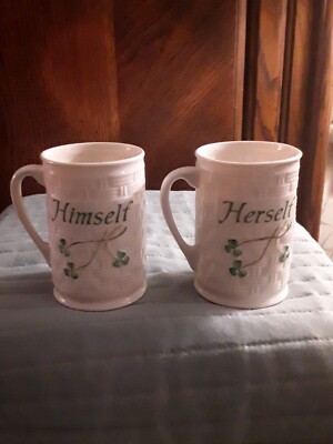 PAIR OF BELLEEK HERSELF AND HIMSELF COFFEE MUGS NEW