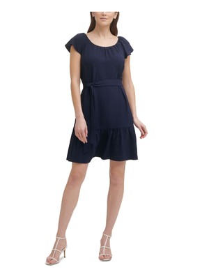 DKNY Womens Navy Belted Hem Unlined Flutter Sleeve Short Fit + Flare Dress 8