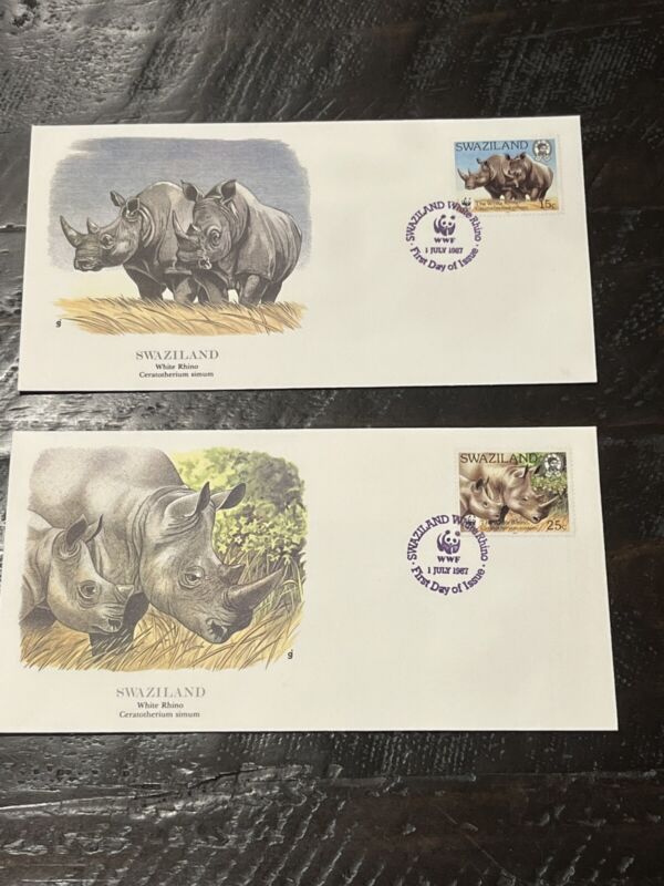 1987 Swaziland World Wildlife Fund FDC 15c & 25c Stamps White Rhino