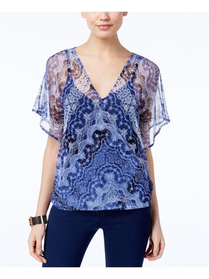 

Женский синий топ INC с вырезами, 2 предмета, с цветочным принтом, короткими рукавами и V-образным вырезом, искусственный запах, размер