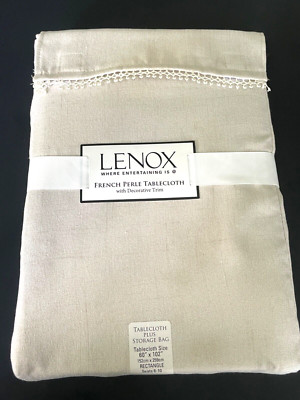 Lenox French Perle Tablecloth Decorative Trim 60x102'' Natural With Storage Bag