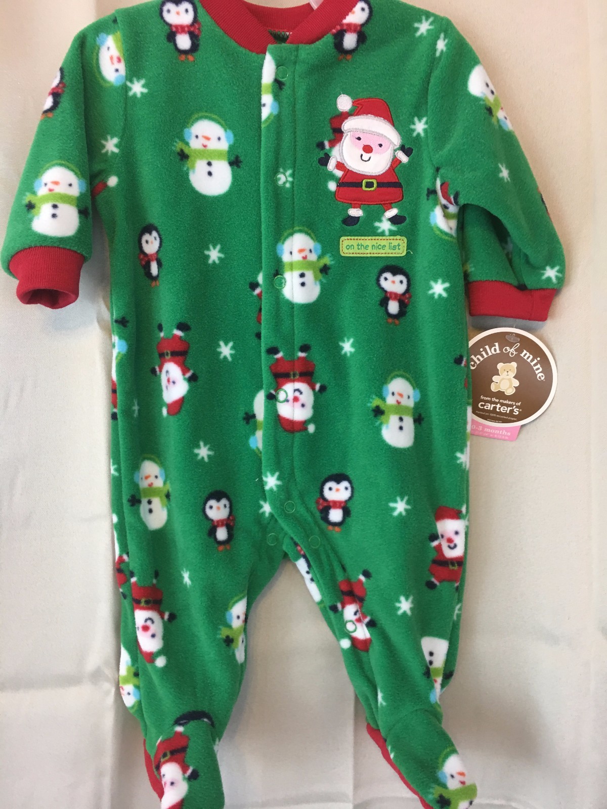 CHRISTMAS Infant boy Sleeper green Santa penguin Snowman print Newborn 0/3M,