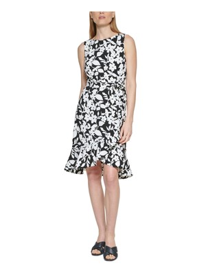 

CALVIN KLEIN Womens Black Tie Cascade Ruffle Unline Платье без рукавов Petites, Черный