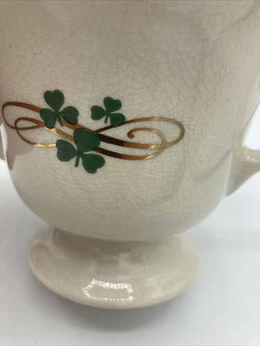 Vtg Russ Berrie Cream Color Tea Pot Green Shamrock Celtic Cross Gold Trim