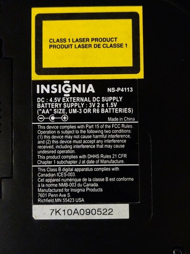 Insignia NS-P4113 Portable CD Player FM Tuner, MP3 & WMA Tested & Working