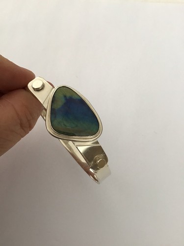 Modernist Sterling Silver Labradorite Compression Bracelet Signed Rudd OOAK