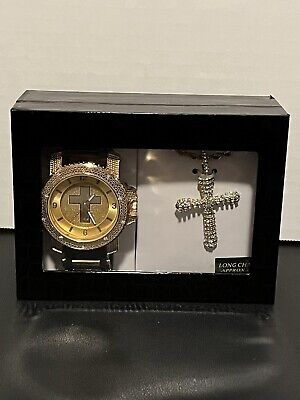 Charles Raymond Watch & 24  Cross Necklace Needs Battery New Never Used Gold Ton