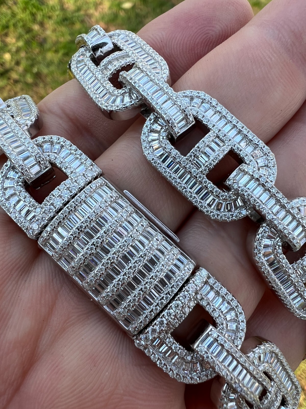 Pre-owned Silver Baguette Moissanite Solid 925  Gucci Link Chain Necklace Pass Diamond Test