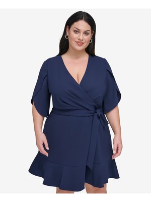 DKNY Womens Navy Tie-belt Flounce Hem Tulip Sleeve Fit + Flare Dress Plus 14W