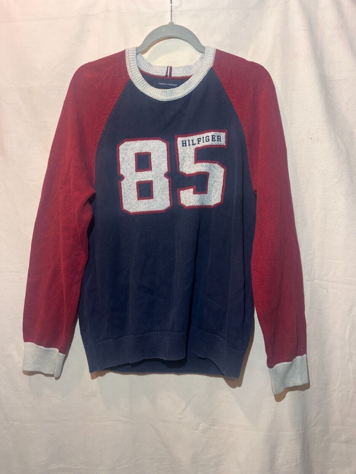 Tommy Hilfiger SZ L Red 85 Blue Wool Blend Long Sleeve Crewneck Sweater A88