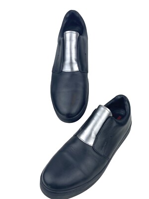 Prada Black Calfskin Leather Silver Chrome Slip On Sneakers 3S6047 US 8 EU 41