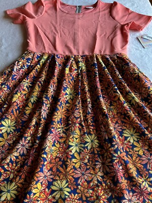 NEW LuLaRoe 2 print Amelia Floral Coral Orange Yellow Daisies 3XL 24/26 Unicorn