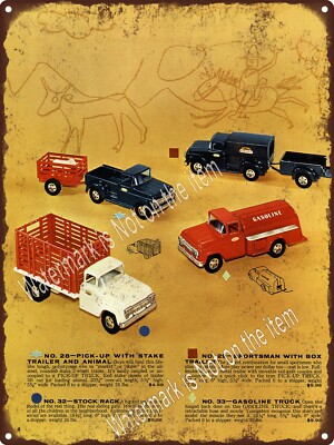 1958 Tonka Toy Gasoline Truck Animal Trailer Sportsman Box Metal Sign 9x12'' A249