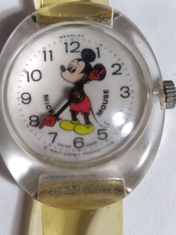 BRADLEY MICKEY MOUSE WRISTWATCH VINTAGE CLEAR ACRYLIC BAND Working