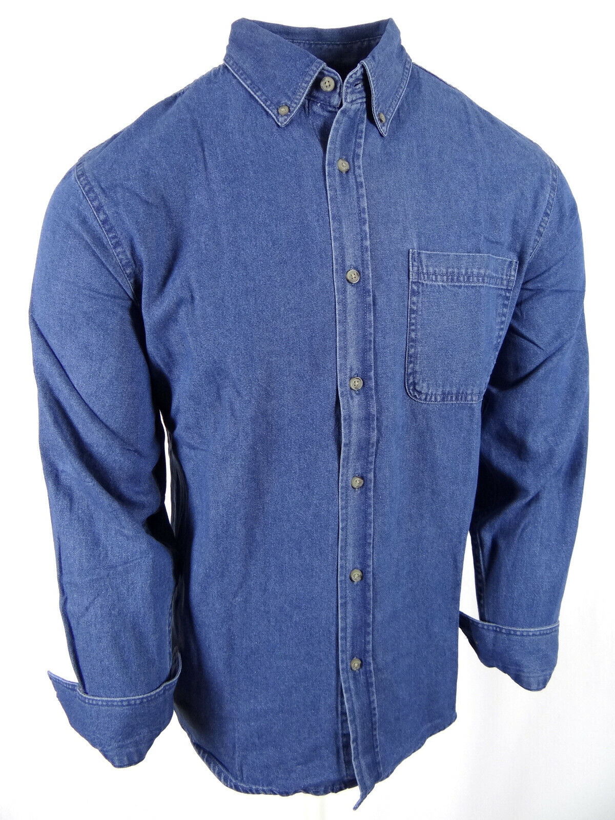 Mens Blue Indigo Cotton Button Collar Long Sleeve Pocket