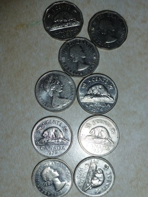 Lot of 9 Canadian Nickels  1959 1962 1964 1968 1972 1973 1974 1987