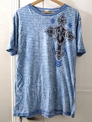 HELIX Blue Striped T-Shirt Distressed 2000s Y2K Goth Grunge Affliction Large