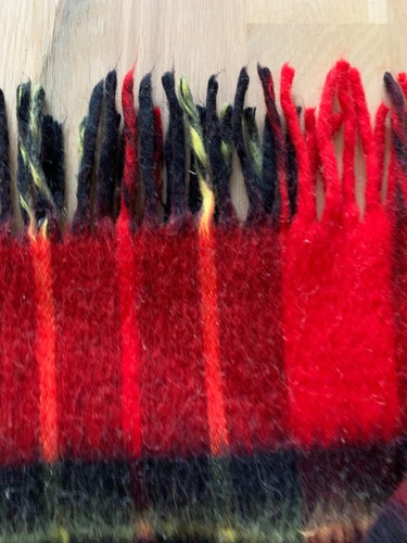 Vintage Red Black Yellow Wool Soft Camper Blanket GUC Fringe 50 X 58 Inches