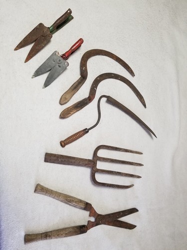 Vintage Antique Garden Tools Lot Of 7 wood handles Pitchfork make offer