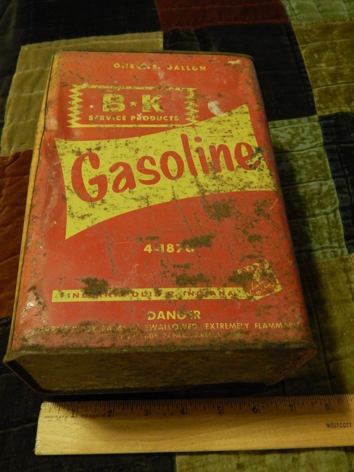 BK Service Products [Indianapolis, IN] One Gallon GASOLINE Hoosier GAS CAN Vtg