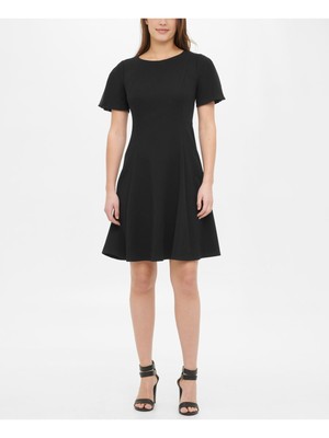 

DKNY Женское черное вечернее платье длиной выше колена с короткими рукавами + расклешенное платье, Черный