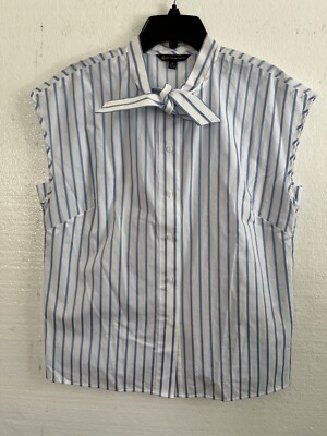Brooks Brothers Sleeveless Blue White Striped Blouse Tie Neck Size 12 NEW