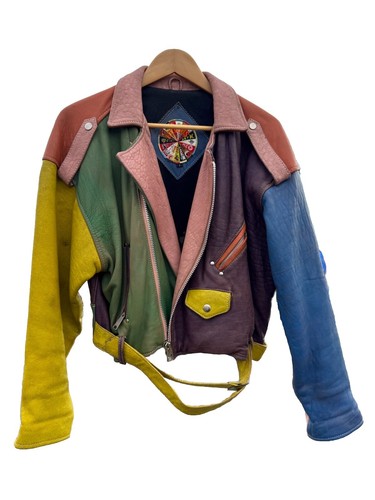 【COLOR iN ID】l leather jumper Vintage Chipie 1990's Colourful Leather Color Block Biker