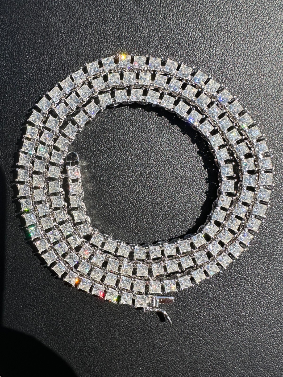 Pre-owned Harlembling Real 3mm Moissanite Princess Cut Square Tennis Chain Necklace 925 Silver Hip Hop