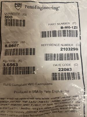 ( 500EA ) PEM PENN ENGINEERING B-M6-1ZI , Self-Clinching Blind Fasteners