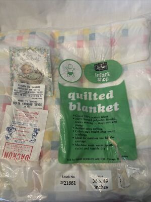 Vintage Sears Yellow Infant Quilted Blanket Crib Pastel Checked  36x48 Unused