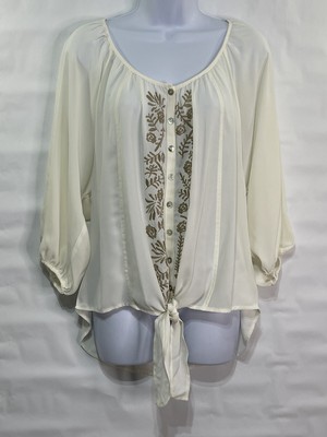 Style Co Women s Sz L Beige Sheer Polyester Embroidery Tie hem Button Blouse