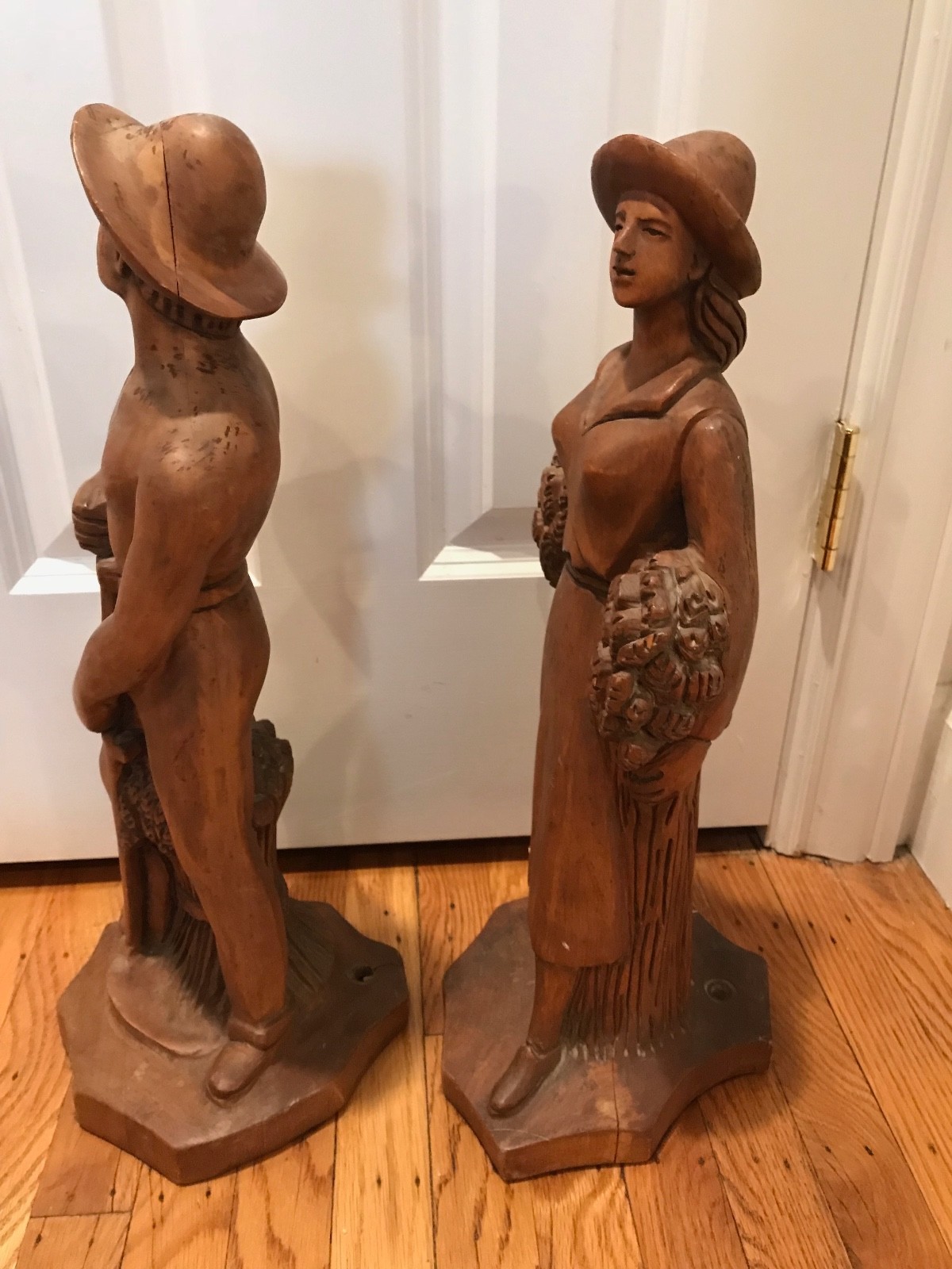 ANTIQUE ORIGINAL FRENCH WOODEN CARVED FIGURES MAN AND WOMAN CIRCA 1930