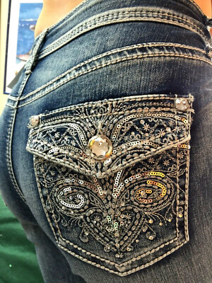 Women s Bling Bootcut Fleur De Lis Stretch Metallic Jeans Size 8 NEW $64