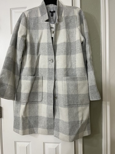 Pre-owned Eileen Fisher Xl  Darkpearl Wool Blend Multi Check Notch Collar Calf Len Coat In Gray