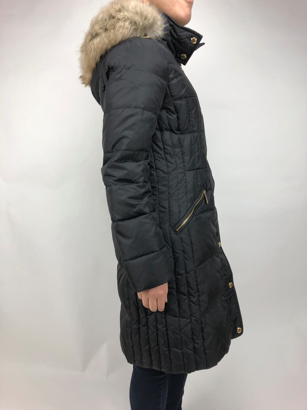 Pre-owned Michael Kors Womens  Down Puffer Jacket Bubble Coat Black Gold Faux Fur Trim Hood