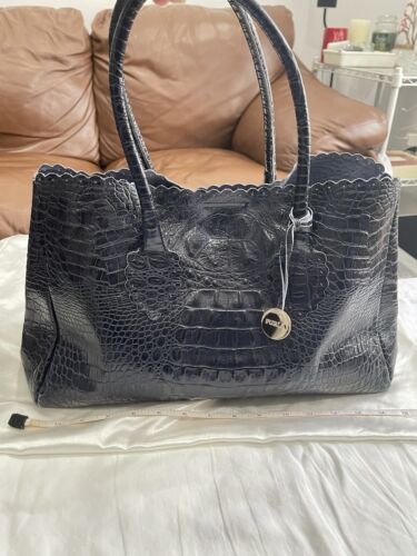 FURLA Black Tote Shoulder Bag A4 Crocodile Embossed Pre FURLA Black Tote Shoulder Bag A4 Crocodile Embossed Pre