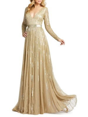 

MAC DUGGAL Женское бежевое вечернее платье с длинным рукавом и V-образным вырезом на подкладке, Бежевый