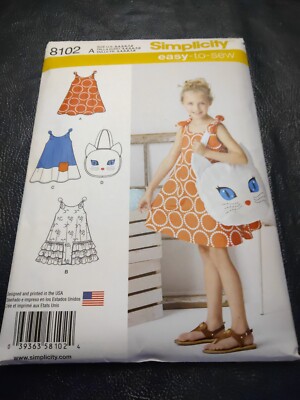 Simplicity 8102 Sundress - 3 Styles & Kitty Tote Pattern Child Size 3-8  Uncut