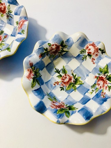 VTG Bowl Set ND Exclusive Hand Painted Floral Check Ruffle Rim Ceramic Dishes LN