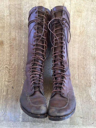 Antique vintage tall lace brown leather boots hiking aviator riding 9 9.5 10 GUC