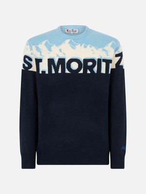 Pre-owned Mc2 Saint Barth Man Crewneck Sweater With St. Moritz Postcard Jacquard Print In Blue