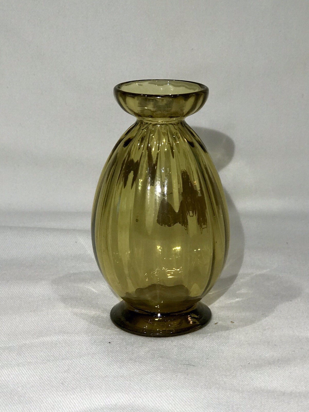 Small Antique Amber Swirl Spiral Ribbed Art Glass Vase Enameled Butterflies